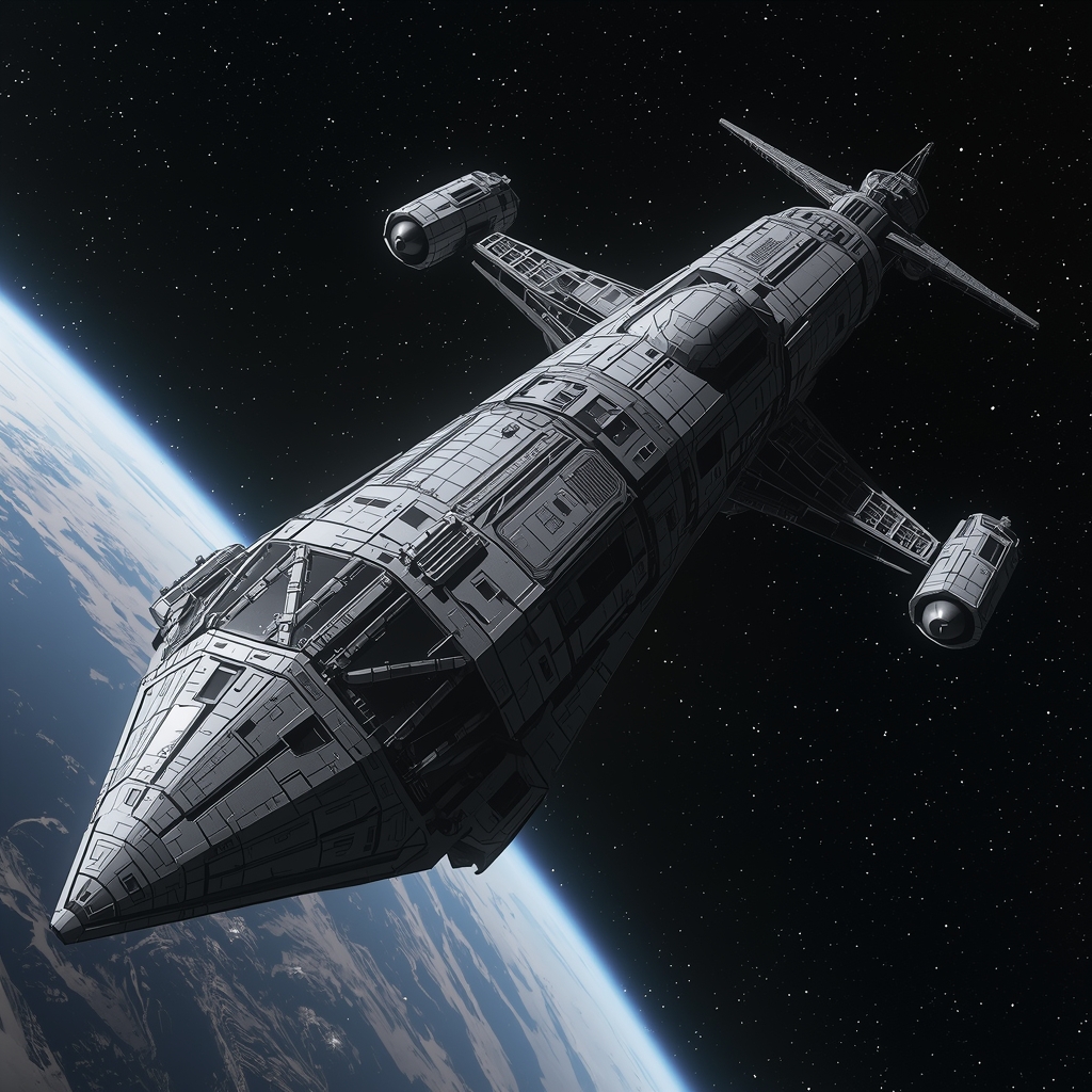 A realistic concept art of a futuristic cargo spacecraft docking with an orbital space station, metallic textures, starfield background, cinematic composition, no woman